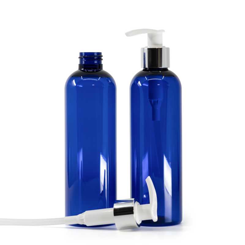 Bottiglia di plastica blu, pompa lozione bianca con collare argentato, 250 ml
