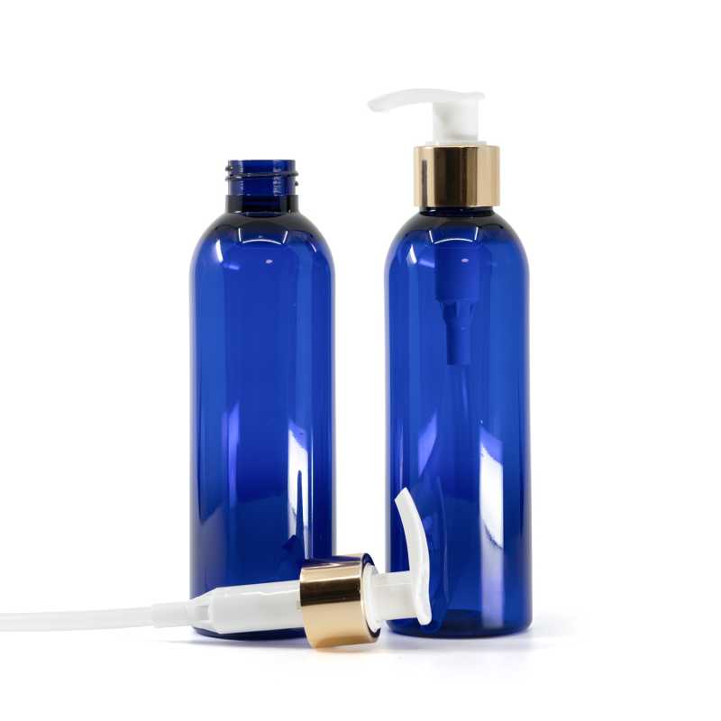 Bottiglia di plastica blu, pompa lozione bianca con collare dorato lucido, 200 ml