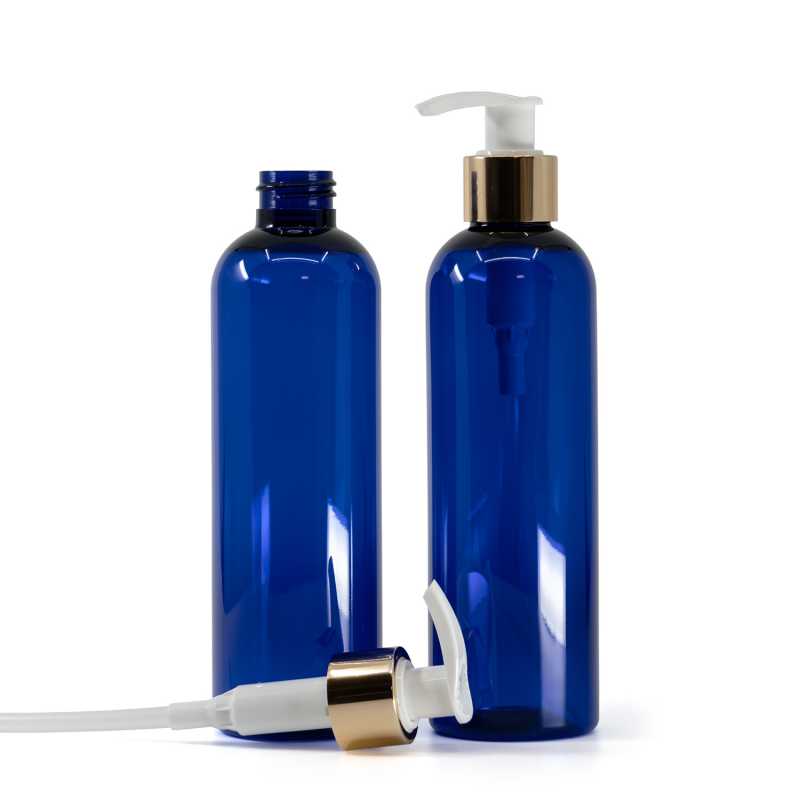 Bottiglia di plastica blu, pompa lozione bianca con collare oro lucido, 250 ml