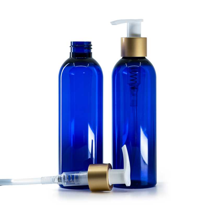 Bottiglia di plastica blu, pompa bianca con anello oro opaco, 200 ml