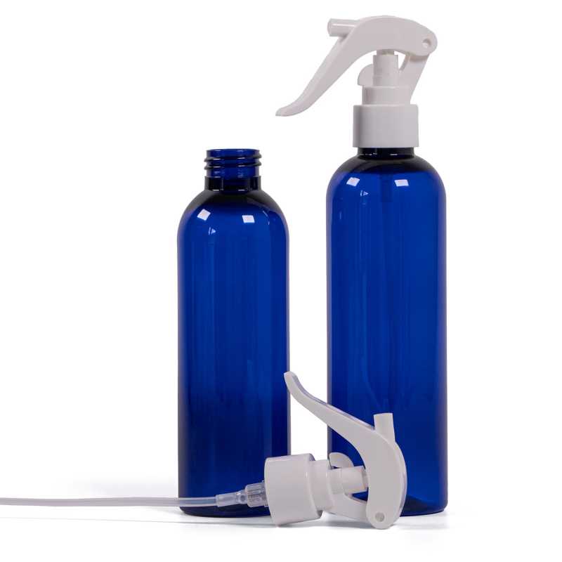 Bottiglia di plastica blu, spruzzatore a grilletto bianco, 250 ml