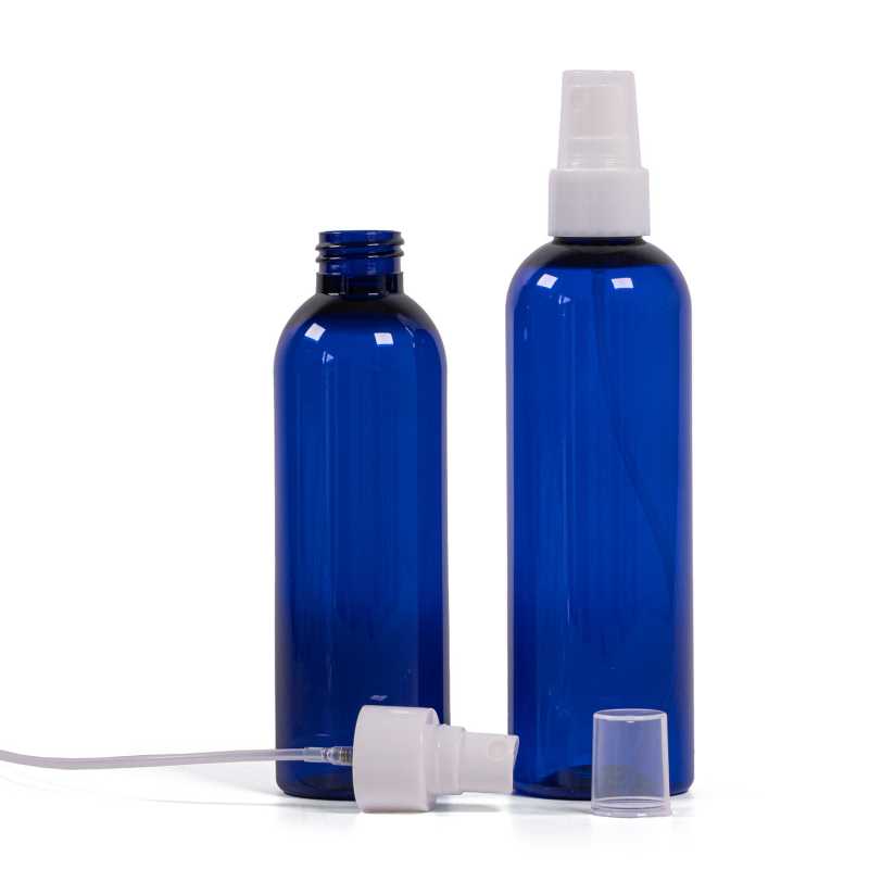 Bottiglia di plastica blu, spruzzatore bianco, 250 ml