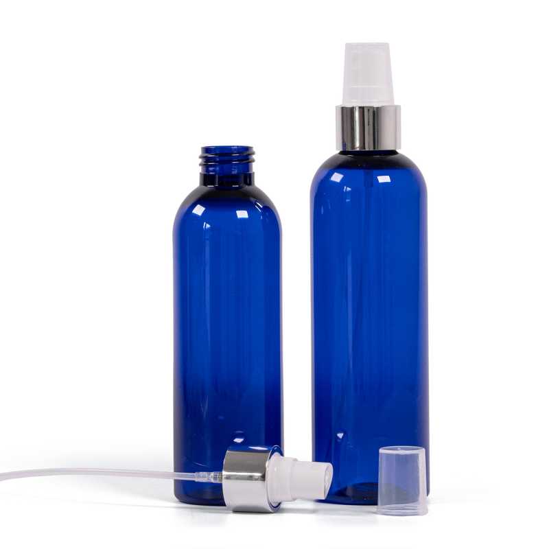 Bottiglia di plastica blu, spruzzatore bianco, anello argento lucido, 250 ml