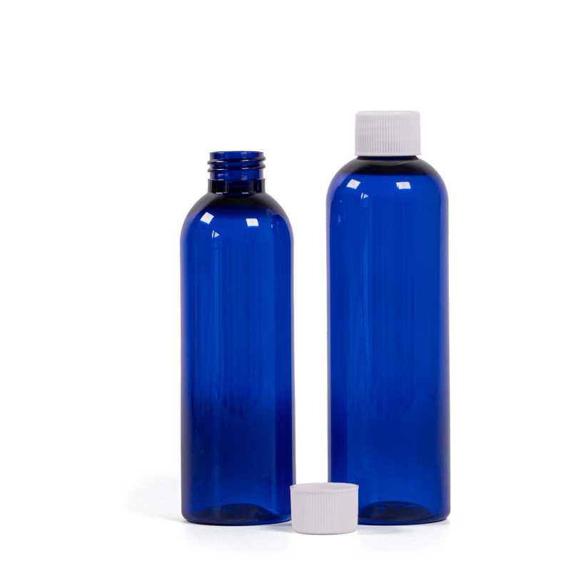 Bottiglia di plastica blu, 200 ml, tappo a vite bianco