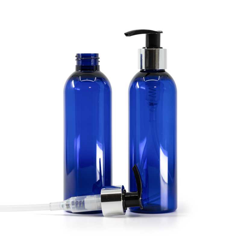 Bottiglia di plastica blu, dosatore nero e argentato, 200 ml