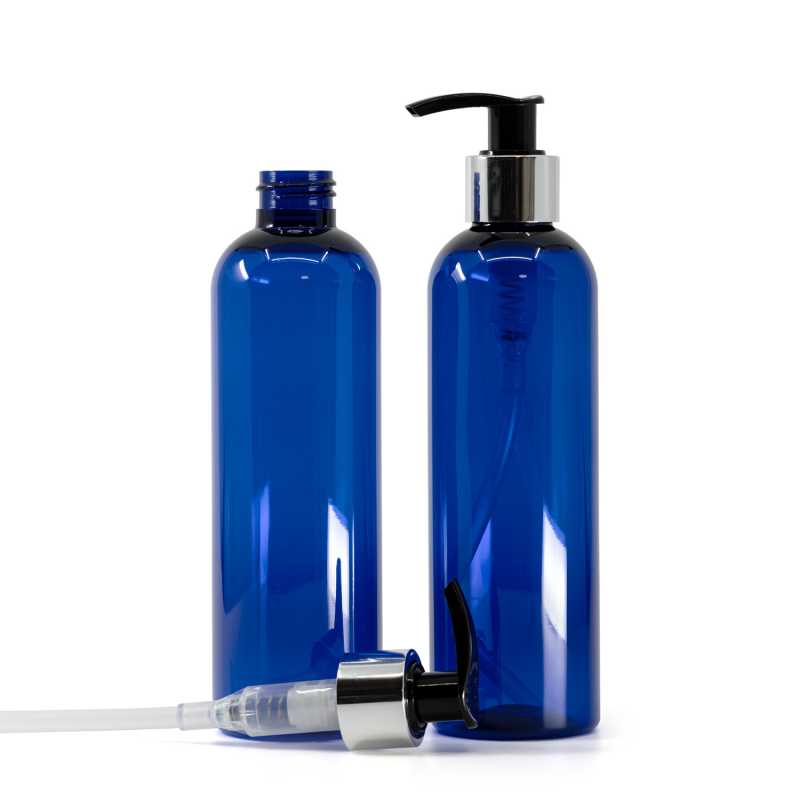 Bottiglia di plastica blu, dosatore nero e argento, 250 ml