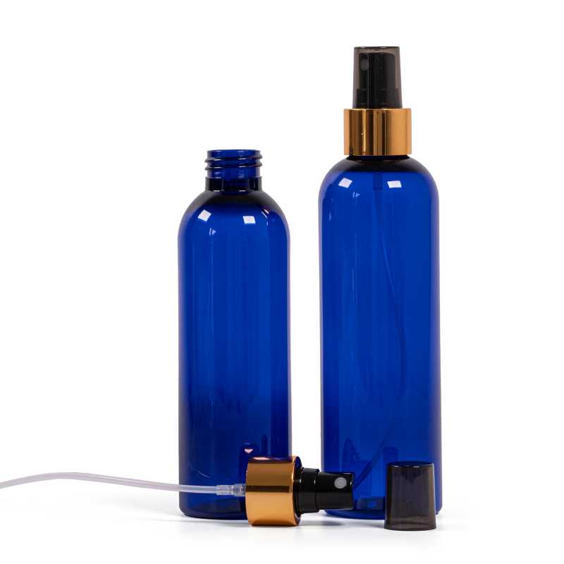 Bottiglia di plastica blu, spruzzatore nero, anello oro lucido, 200 ml