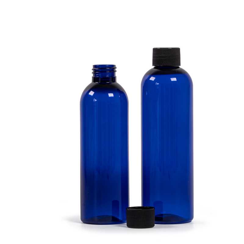 Bottiglia di plastica blu, tappo zigrinato nero, 200 ml