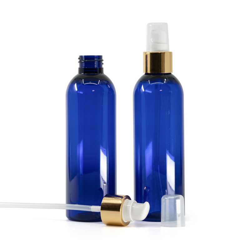 Bottiglia di plastica blu, dosatore bianco con sopra-tappo, dorato, 200 ml