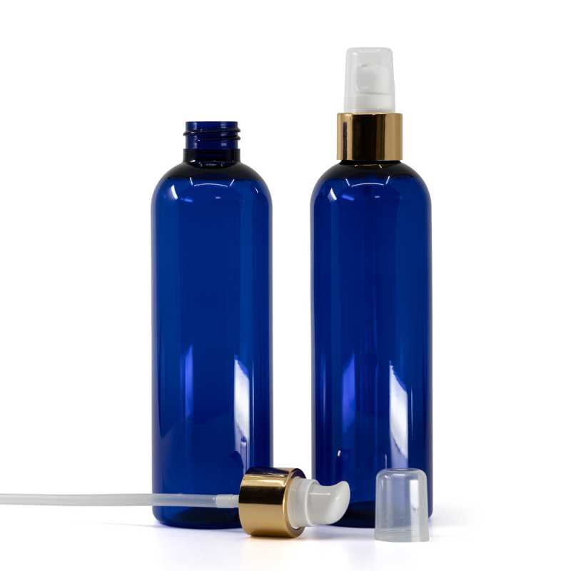 Bottiglia di plastica blu, pompa lozione con sopra-tappo, bianco-oro, 250 ml