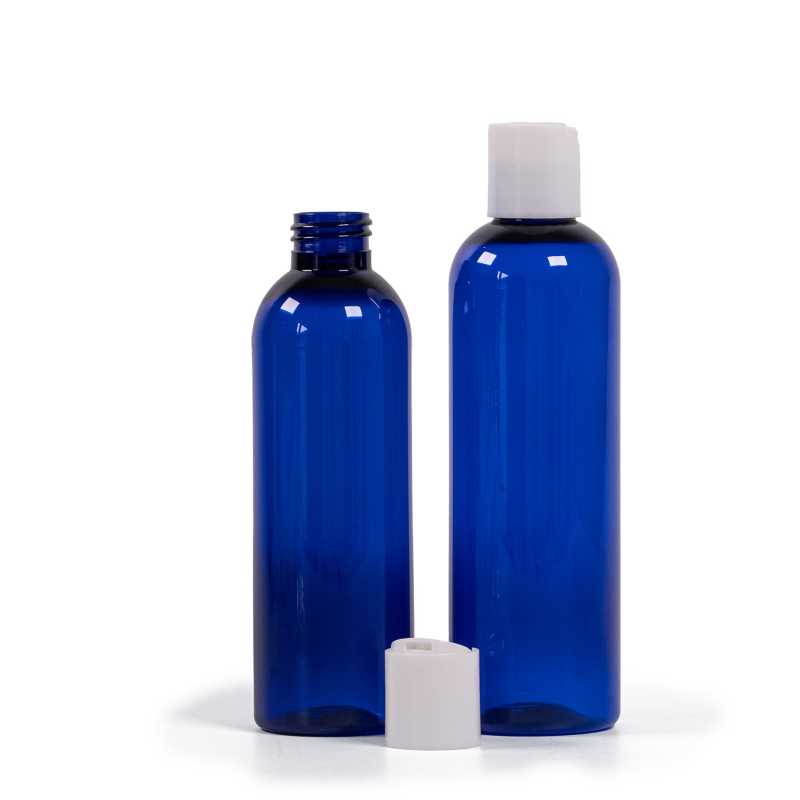 Bottiglia di plastica blu, tappo disc-top bianco, 250 ml