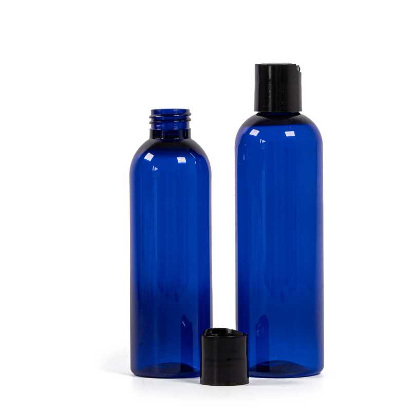 Bottiglia di plastica blu, tappo disc-top nero, 250 ml