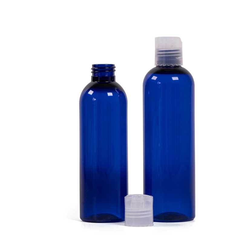 Bottiglia di plastica blu, tappo disc-top trasparente, 250 ml