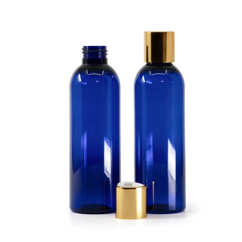 Bottiglia di plastica blu, tappo a vite disc-top in plastica bianca con collare in alluminio dorato, 200 ml