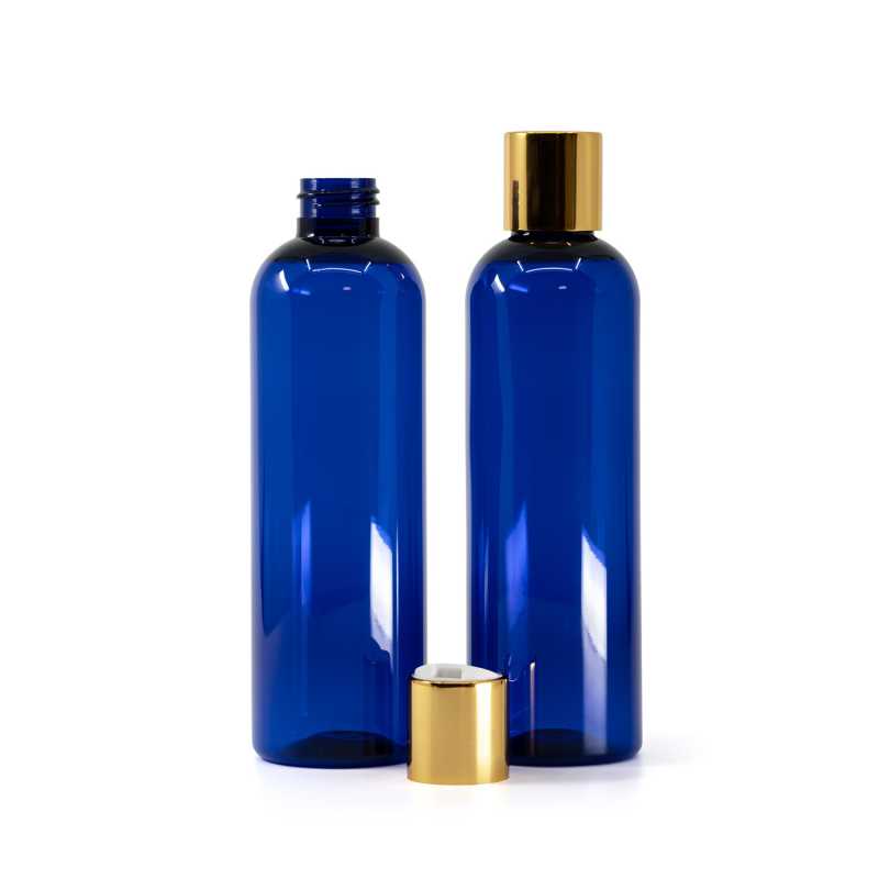 Bottiglia di plastica blu, tappo disc-top bianco con anello dorato, 250 ml