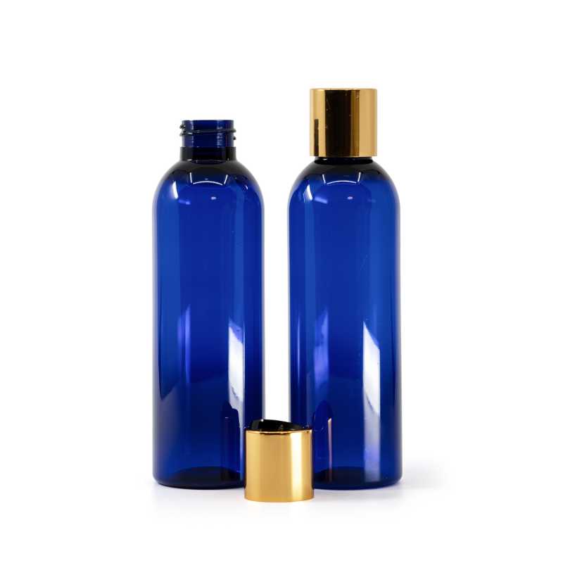 Bottiglia di plastica blu, tappo disc-top dorato con parte centrale nera, 200 ml