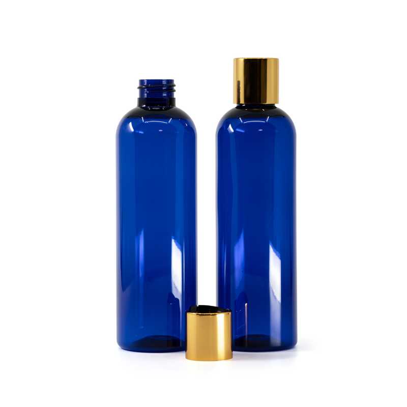 Bottiglia di plastica blu, tappo disc-top dorato con centro nero, 250 ml