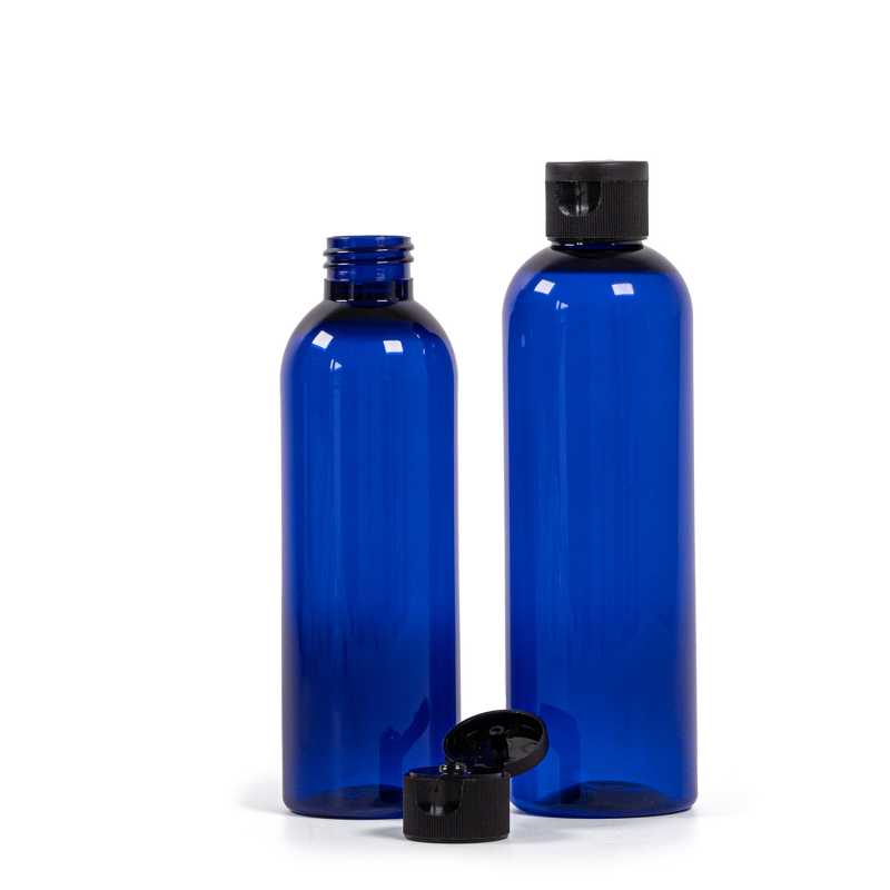 Bottiglia di plastica blu, tappo flip-top nero, 200 ml