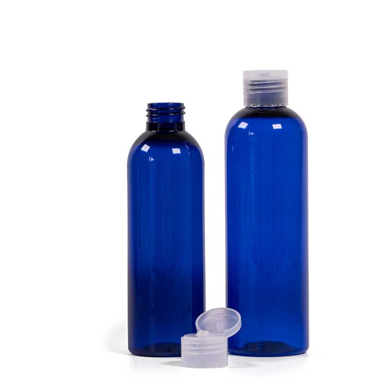 Bottiglia di plastica blu, tappo flip-top trasparente, 200 ml