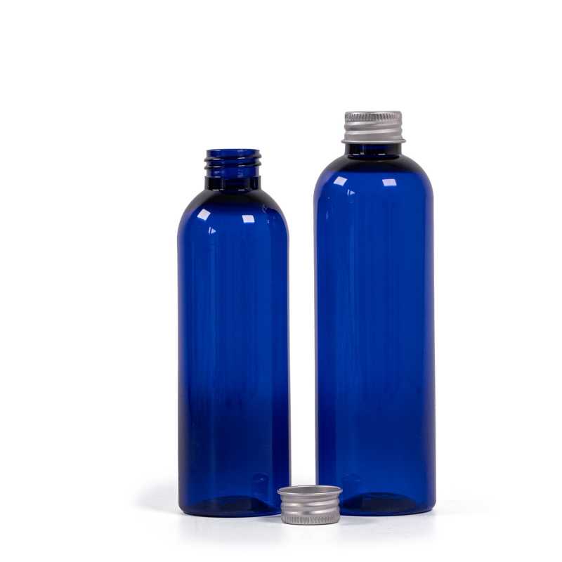 Bottiglia di plastica blu, tappo in alluminio, 200 ml