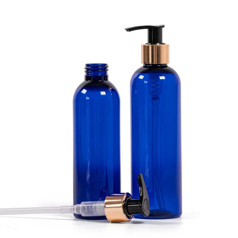 Bottiglia di plastica blu, pompa in plastica dorata, 250 ml