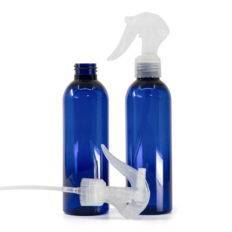 Bottiglia di plastica blu, spruzzatore a grilletto trasparente, 200 ml