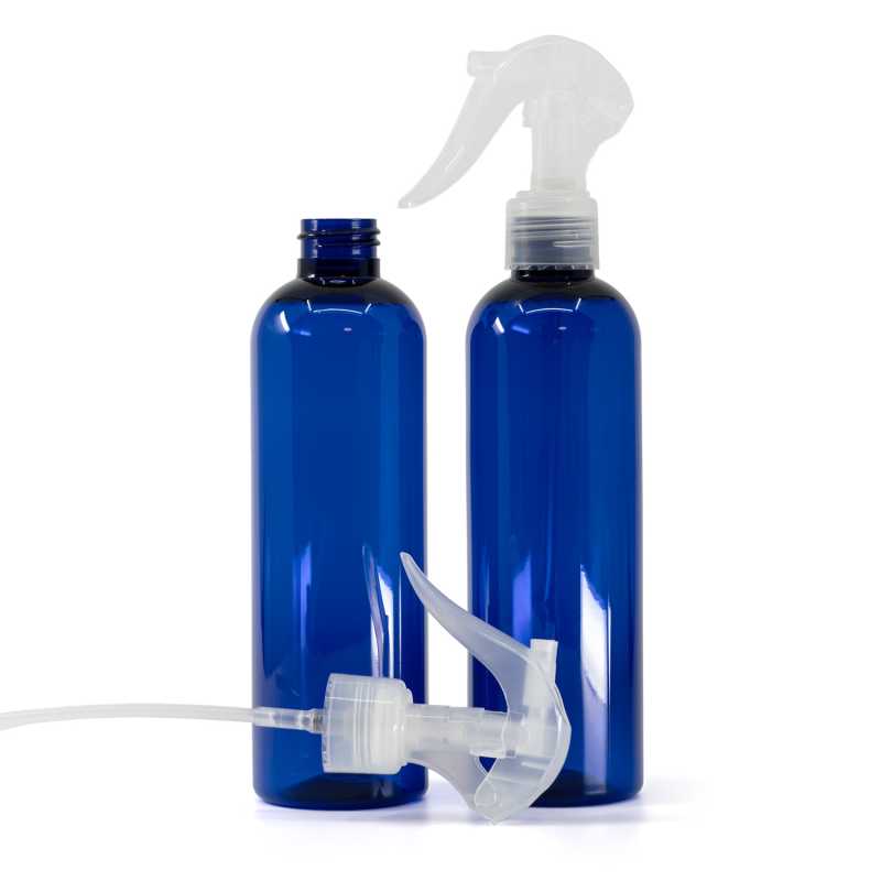 Bottiglia di plastica blu, spruzzatore a grilletto trasparente, 250 ml