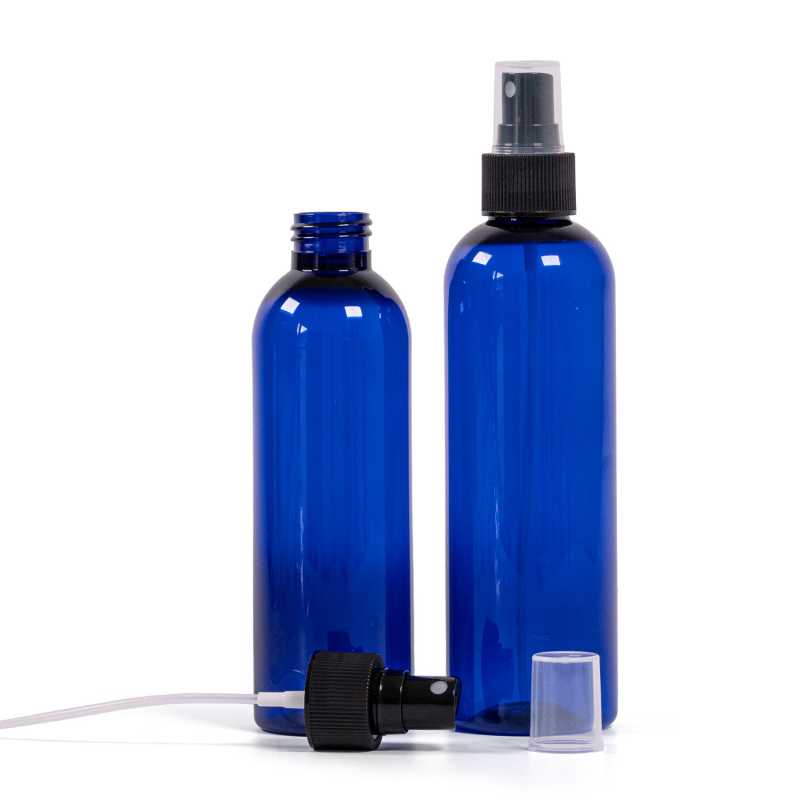 Bottiglia di plastica blu, spruzzatore nero, 250 ml