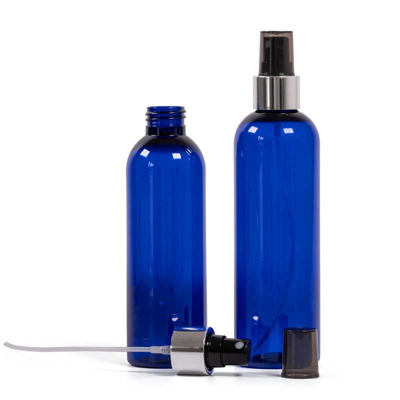 Bottiglia di plastica blu, spruzzatore nero, anello argento lucido, 200 ml