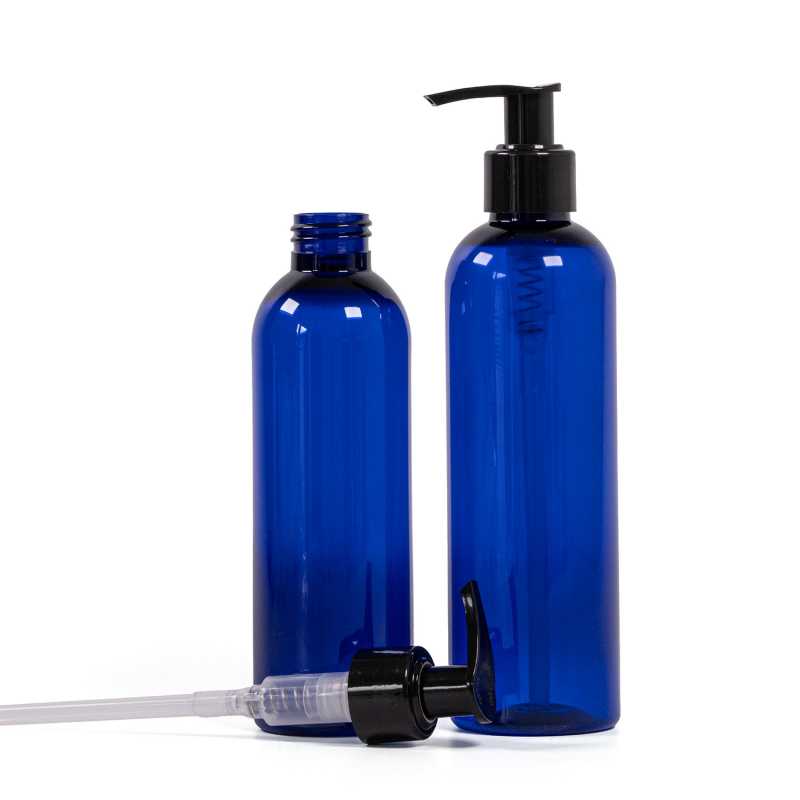 Bottiglia di plastica blu, dosatore nero, 200 ml