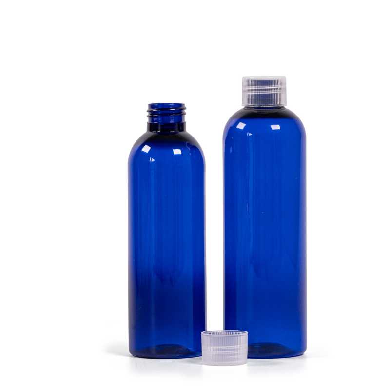 Bottiglia di plastica blu, tappo trasparente, 200 ml