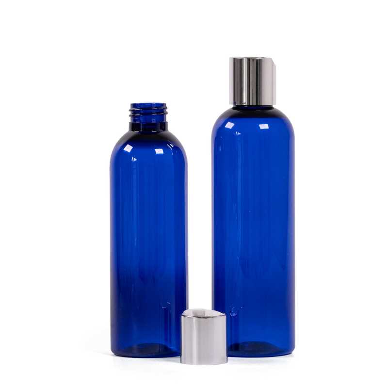 Bottiglia di plastica blu, tappo flip-top argentato, 250 ml