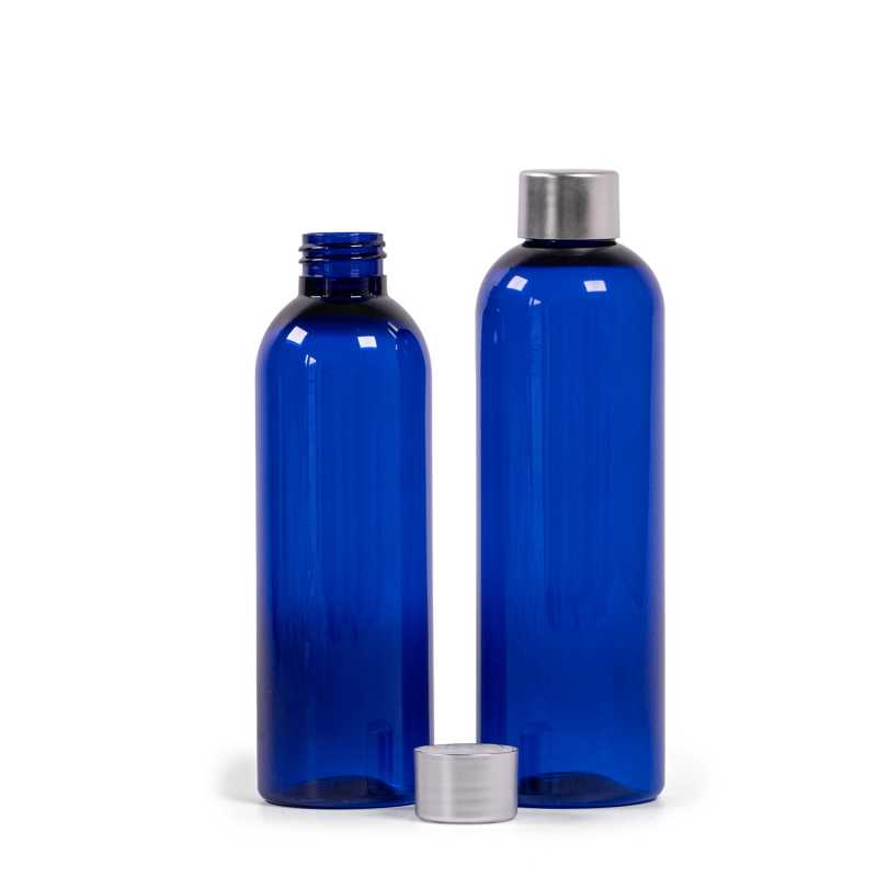 Bottiglia di plastica blu, tappo argentato, 250 ml