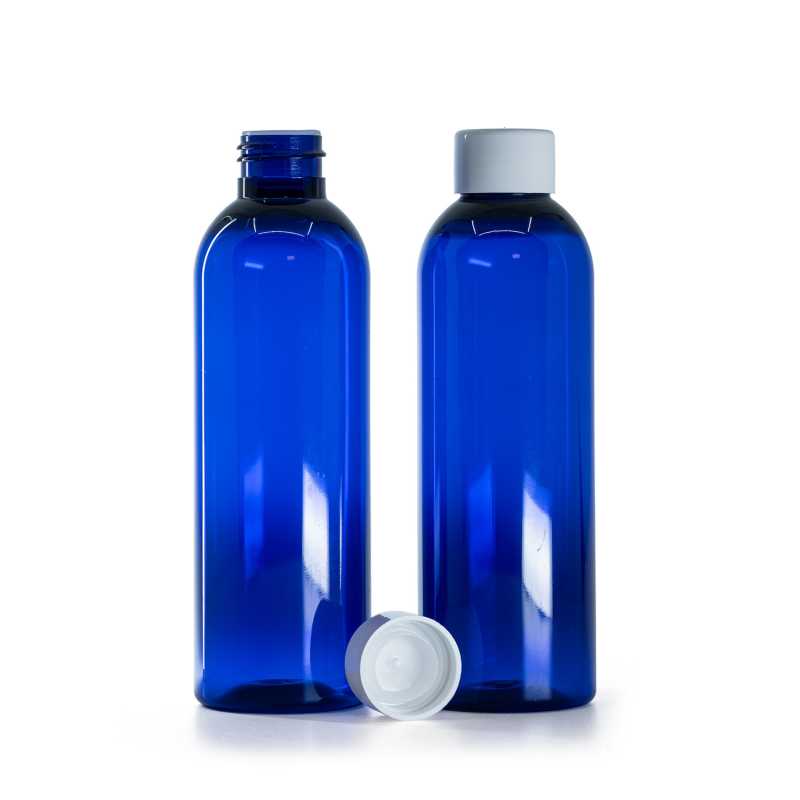 Bottiglia di plastica blu, tappo bianco liscio con riduttore, 200 ml