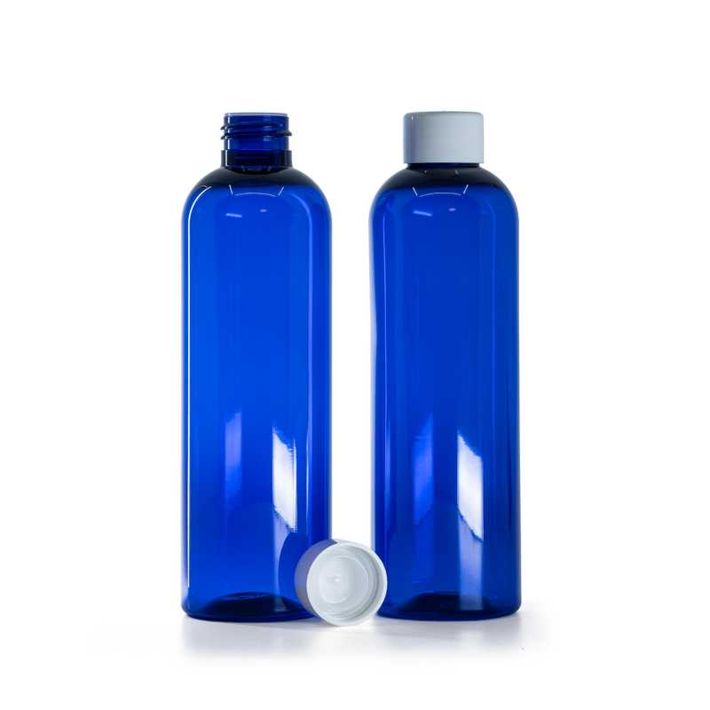 Bottiglia di plastica blu, tappo bianco liscio con riduttore, 250 ml
