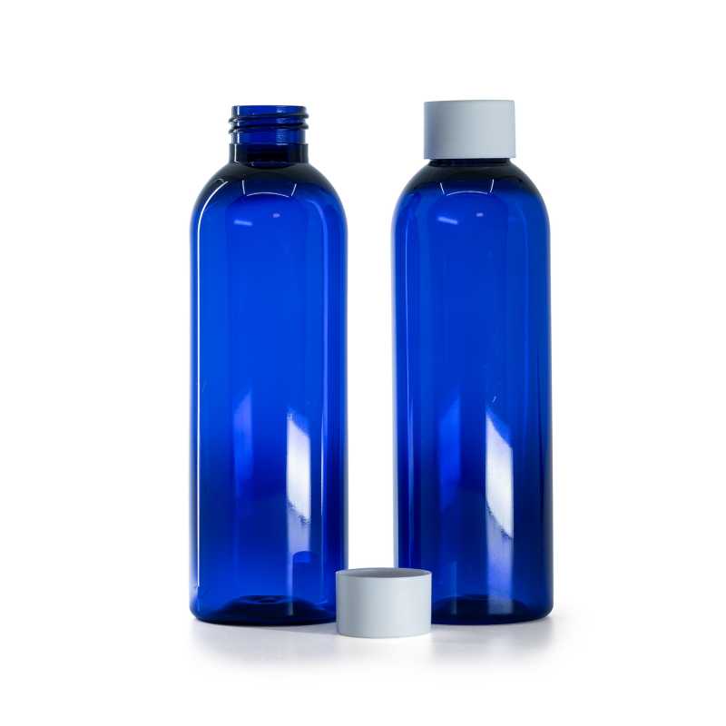 Bottiglia di plastica blu, tappo bianco opaco, 200 ml