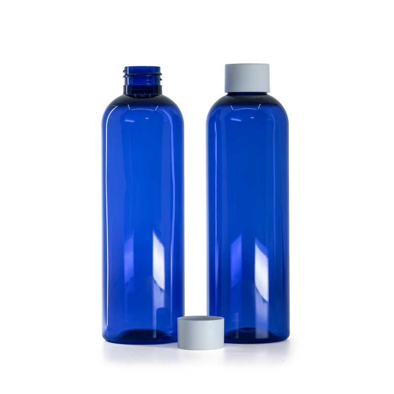 Bottiglia di plastica blu, tappo bianco opaco, 250 ml