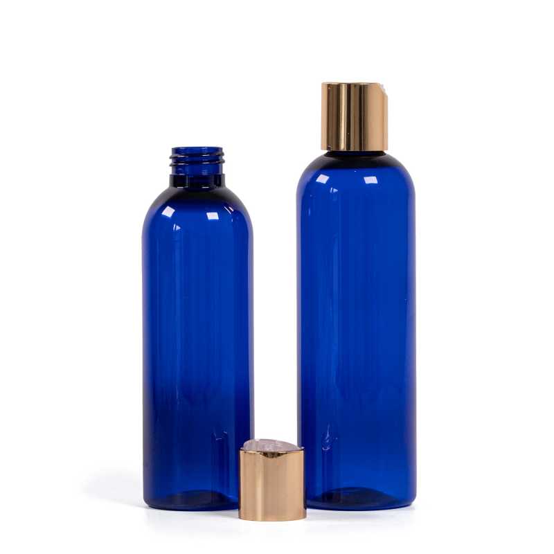 Bottiglia di plastica blu, tappo flip-top dorato, 200 ml
