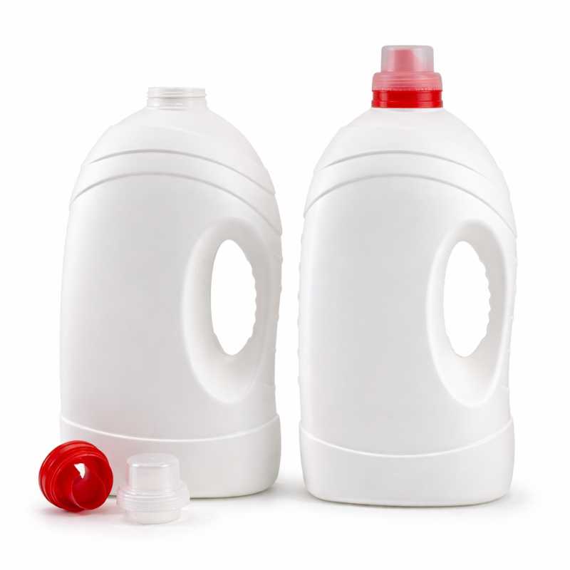Bottiglia di plastica per ammorbidente, bianca, 4,9 l, tappo rosso con beccuccio versatore