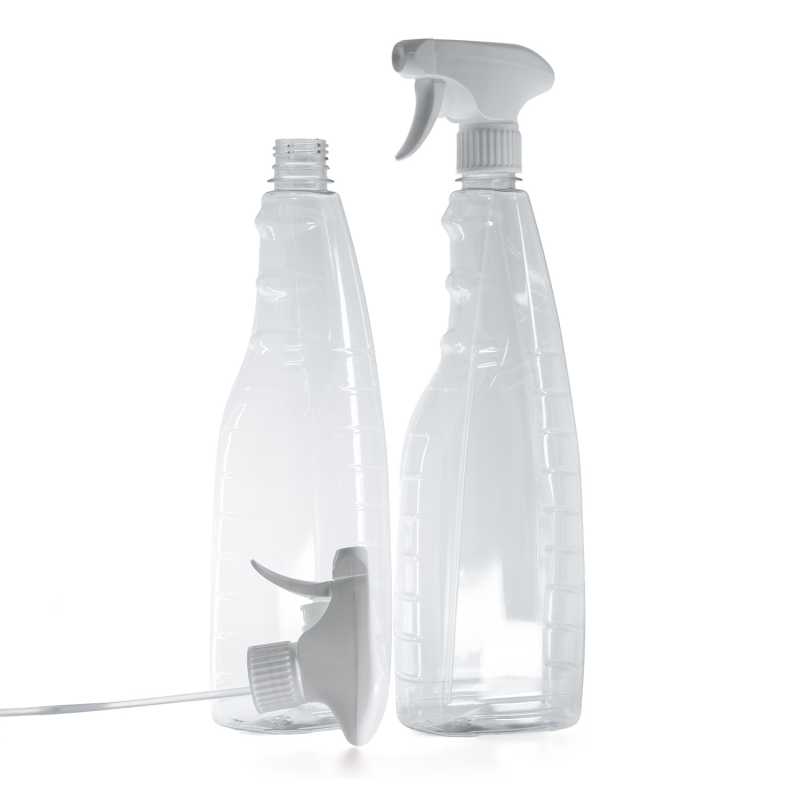 Bottiglia di plastica trasparente per detergenti, spruzzatore a grilletto bianco, 1000 ml