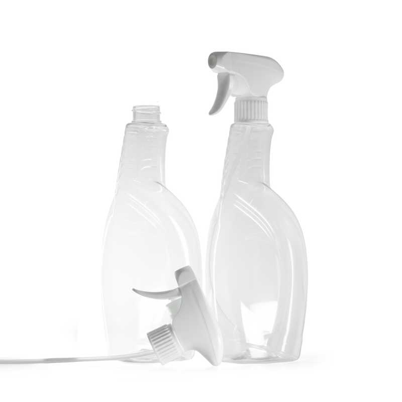 Bottiglia di plastica trasparente per detergenti, spruzzatore a grilletto bianco, 750 ml