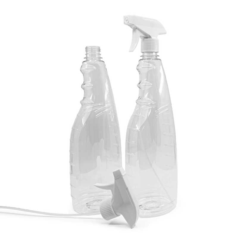Bottiglia di plastica trasparente per detergenti, spruzzatore bianco, 1 l