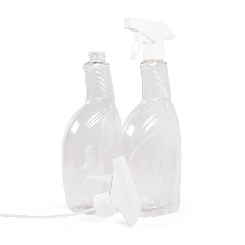 Bottiglia di plastica per detergenti, trasparente, spruzzatore a grilletto bianco, 750 ml