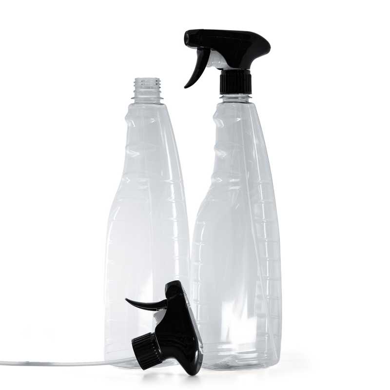 Bottiglia di plastica trasparente per detergenti, spruzzatore a grilletto nero, 1000 ml