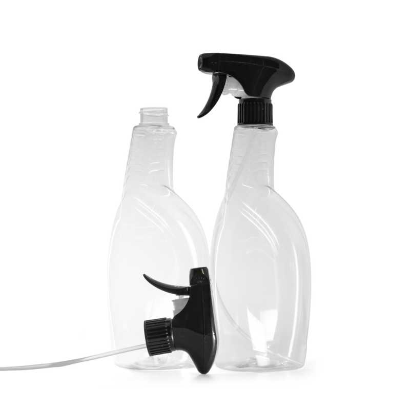 Bottiglia detergente in plastica trasparente, spruzzatore a grilletto nero, 750 ml