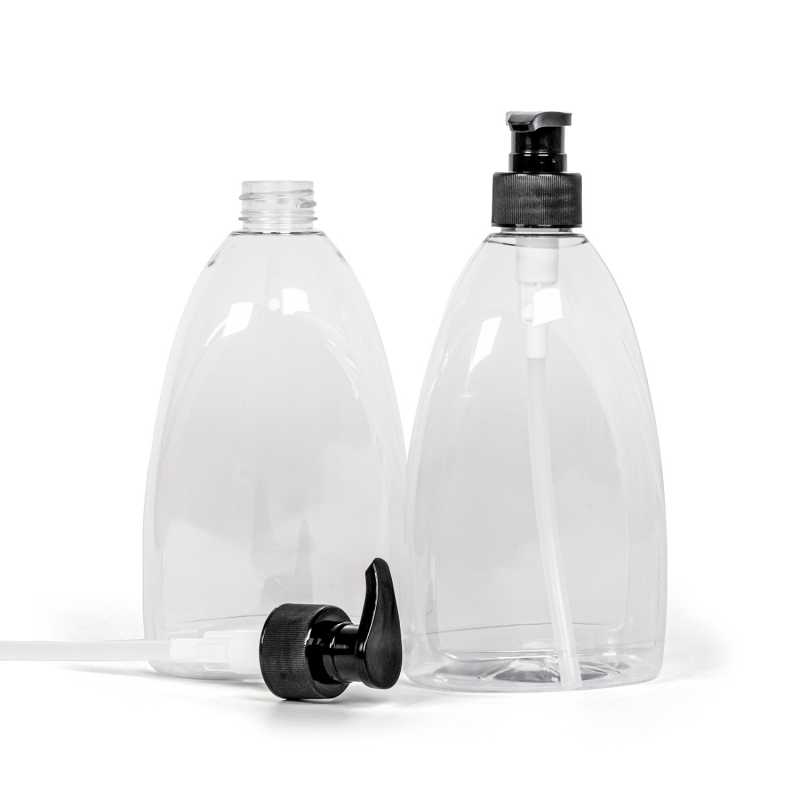 Bottiglia di plastica per sapone, trasparente, pompa in plastica nera, 500 ml