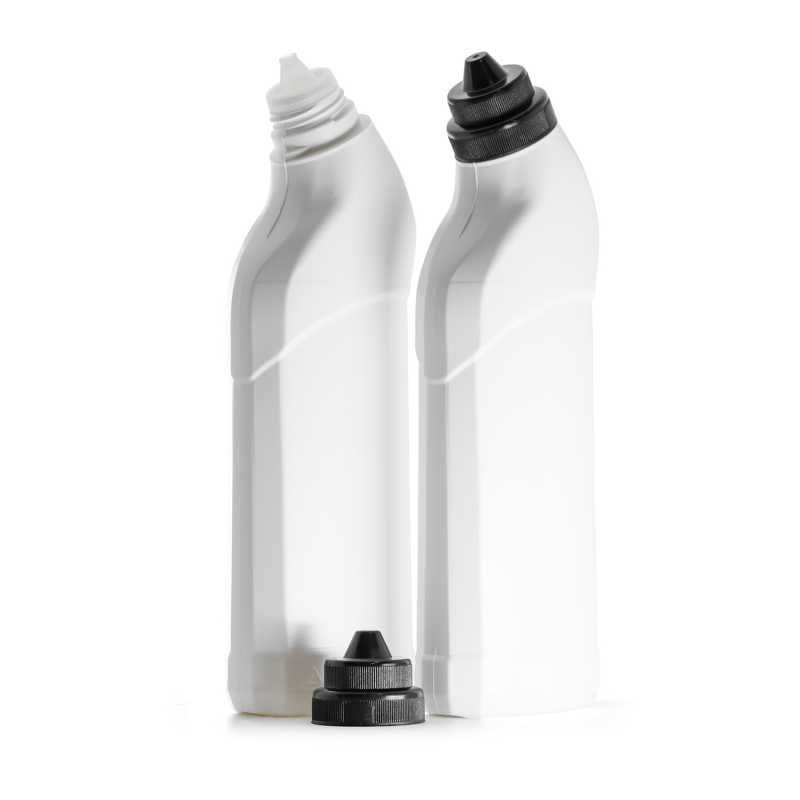 Bottiglia in plastica, detergente per WC, bianca, striscia di visualizzazione trasparente, tappo nero, 750 ml