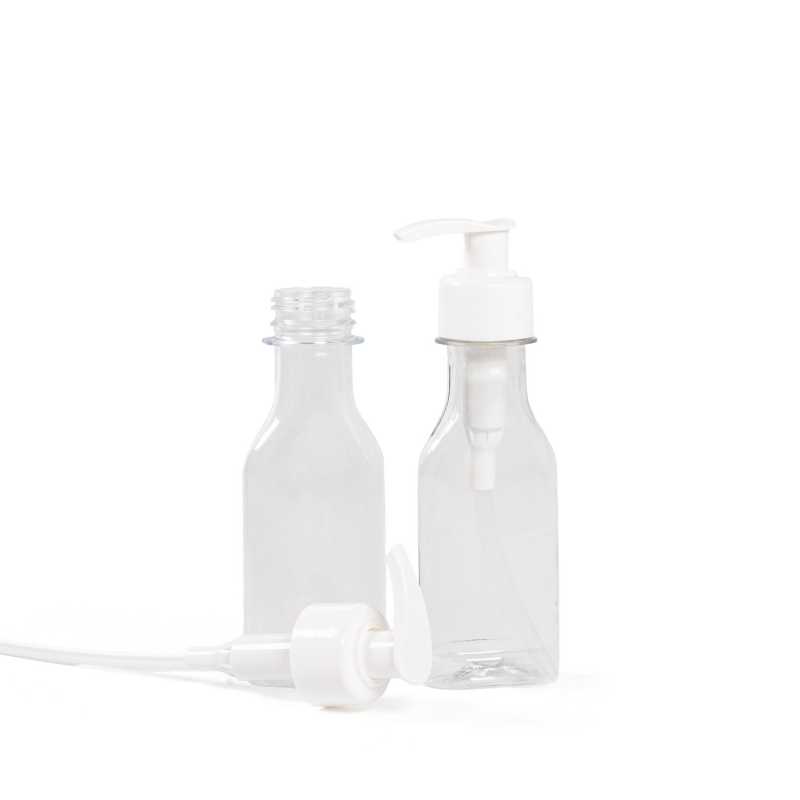 Flacone di plastica piatto trasparente, pompa liscia bianca, 50 ml