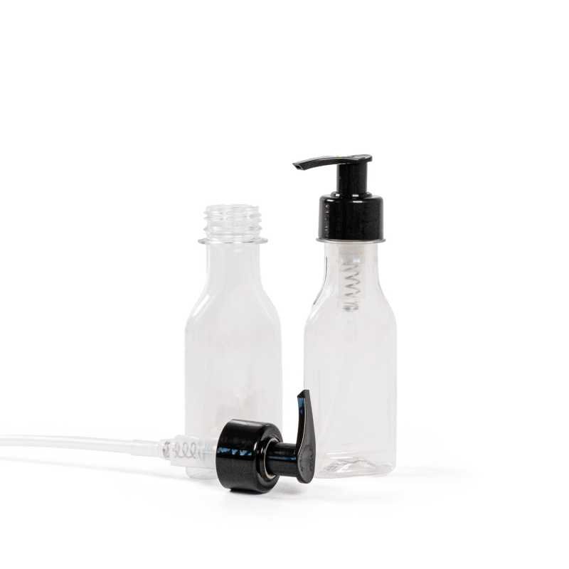 Flacone piatto in plastica trasparente, dosatore nero liscio, 50 ml