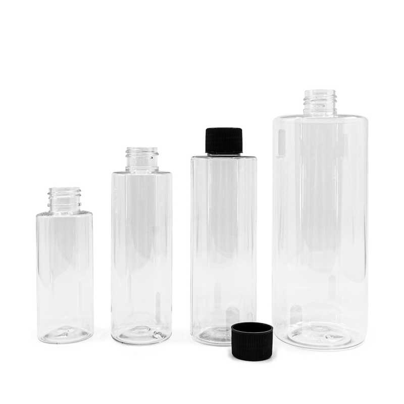 Bottiglia di plastica trasparente, 150 ml, tappo a vite nero zigrinato
